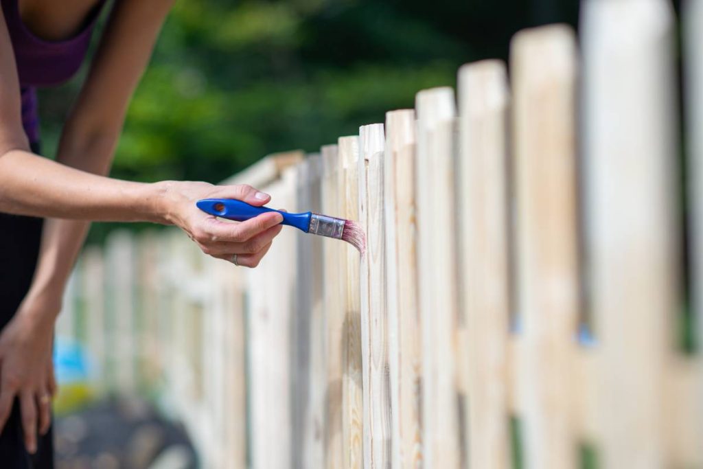 Woman painting a new wooden fence in backyard with transparent protective varnish.