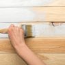 cropped view of woman painting wooden surface in white