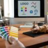 Hands of creative male freelance designer choosing colors from palette at work