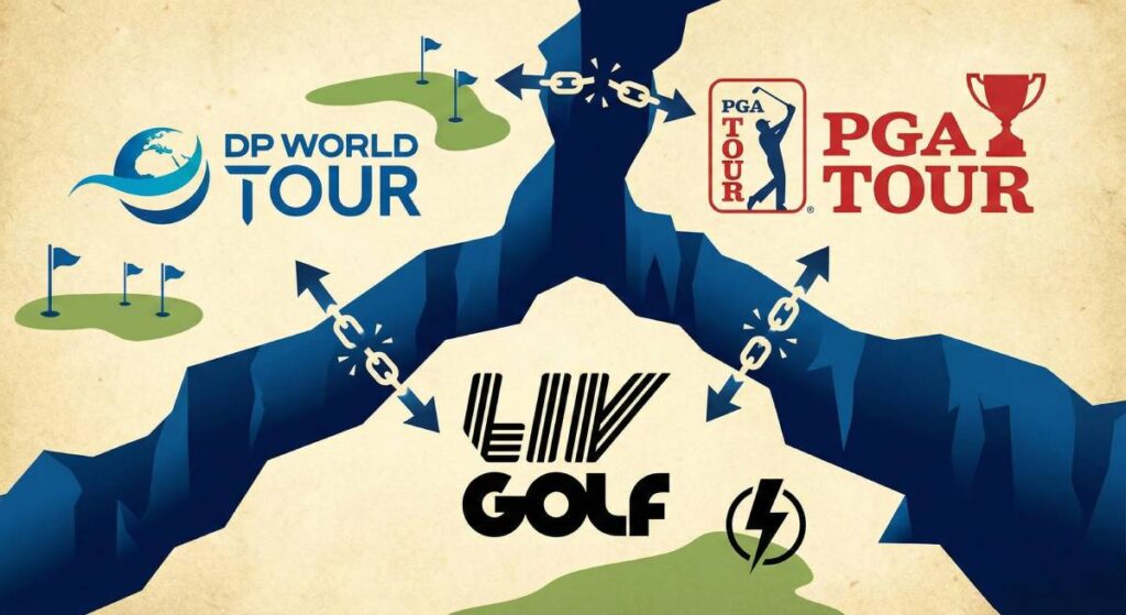 Illustration showing DP World Tour, PGA Tour and LIV Golf separated