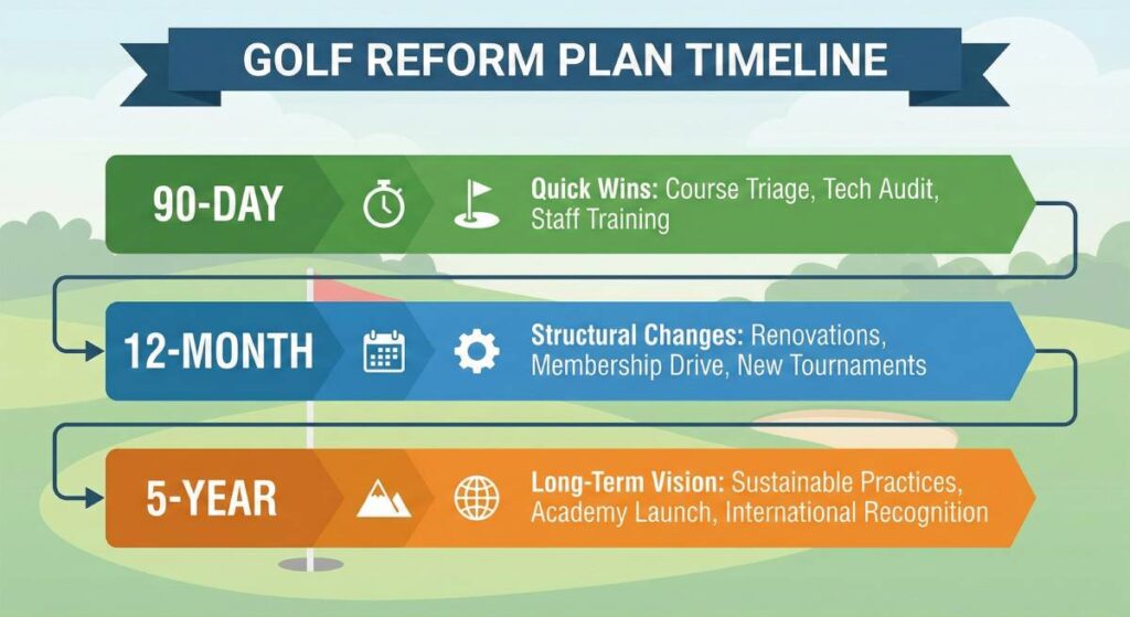Timeline showing 90-day, 12-month and 5-year golf reform plan