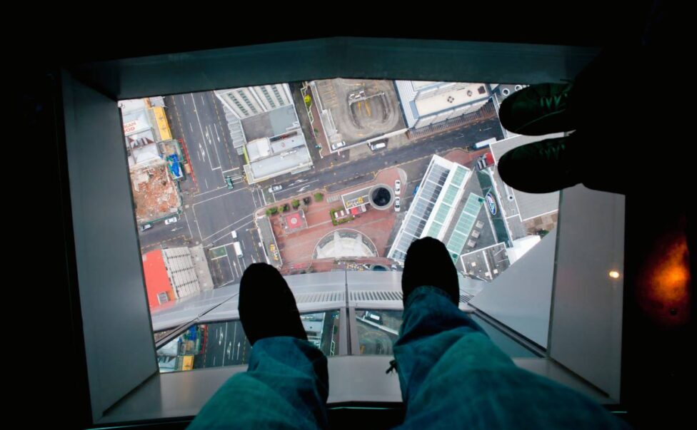 Glass floor at the top of Sky Tower, Auckland, North Island, New Zealand