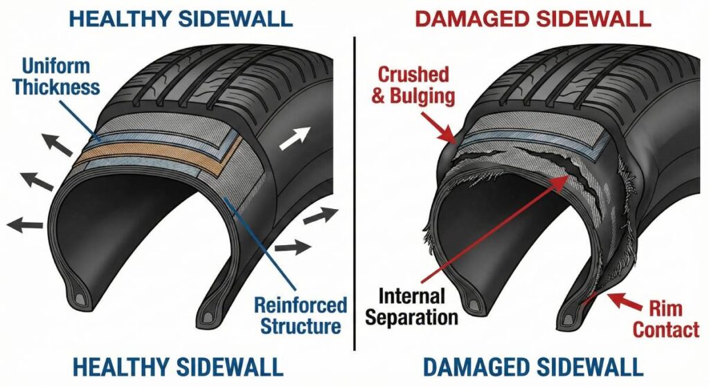 Comparison of tyre sidewall damage from driving on a flat tyre